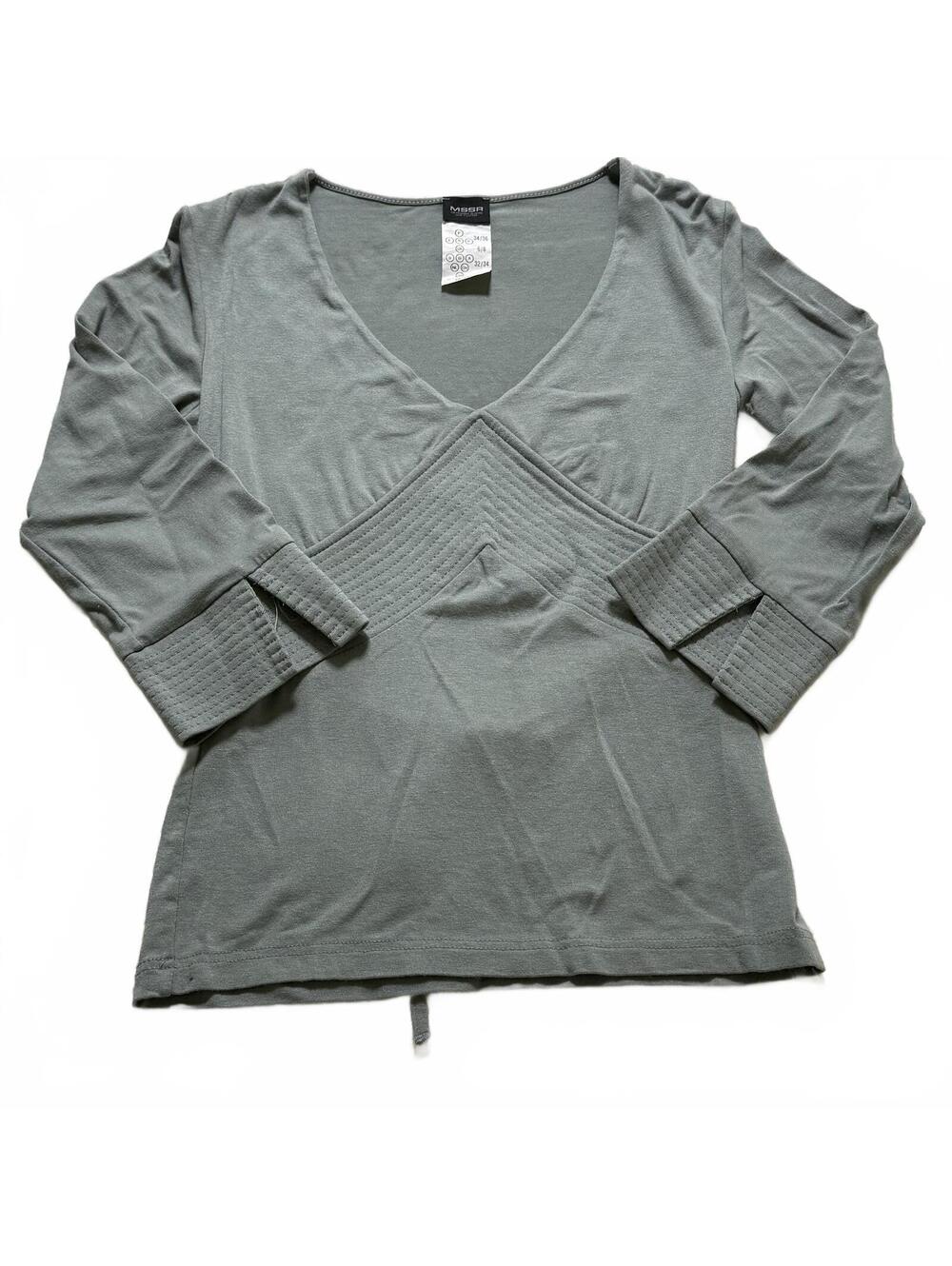 MSSR SZ 2/4 Sage Green Chevron Stitched V-Neck Top with 3/4 Sleeves Tie Back Y2k